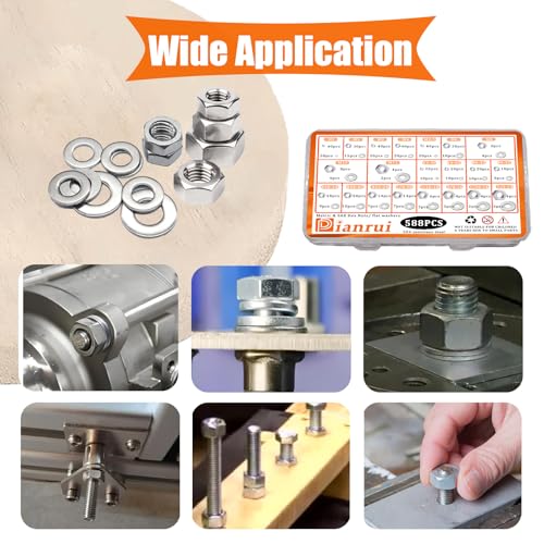 Dianrui 588PCS Metric & SAE Hex Nuts and Washers Assortment Kit, Assorted Nuts Washers 304 Stainless Steel (2#56 4#40 6#32 8#32 10#24 10#32 12#24 1/4-20 5/16-18 3/8-16 7/16-14 1/2-13 M2-M12) 21 Sizes 588PCS Metric&SAE Kit