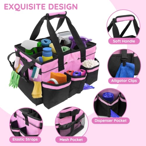 ZKOO Large Cleaning Caddy Bag with Handle, Built-in Sturdy Support Board, Adjustable Shoulder Strap, Multi-compartment Design Cleaning Supply Tote for Cleaners & Housekeepers (Pink) Pink