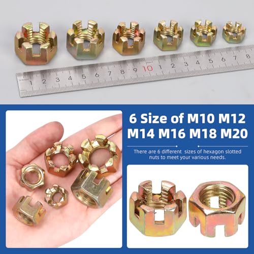 Glarks 60Pcs M10 M12 M14 M16 M18 M20 Hexagon Slotted Nuts Assortment Kit, 6 Size Carbon Steel Hex Castle Nuts for Car Moto Furniture Fasteners Repair