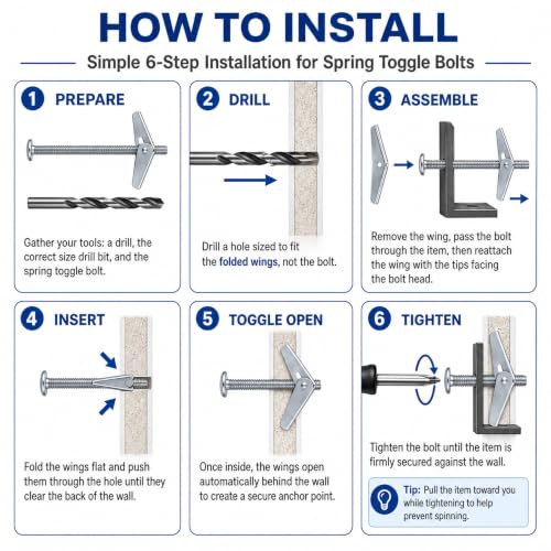 100-Pack 3/16" x 3" Toggle Bolts, Medium-Duty Spring Toggle Anchors for Drywall and Plaster, Zinc Plated Steel Hollow Wall Butterfly Bolts for Towel Bars, Mirrors, and Light Fixtures 100 3/16" x 3"