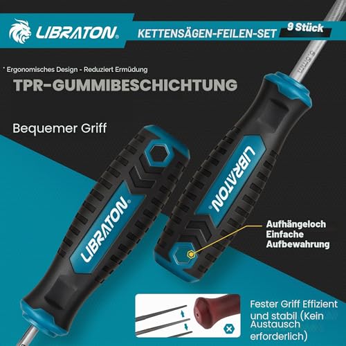 Libraton 9-Piece Chainsaw File, 4.0/4.8/5.5 mm Chainsaws Sharpening | Round file chainsaw, 153 mm flat file, depth gauge, sharpening guide, rail groove cleaner, bag, for chainsaws Pack of 9