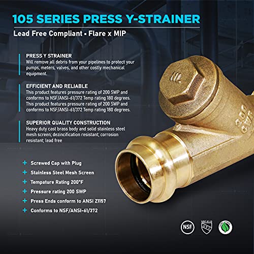 Midline Valve 327S112-NL Press Y-Strainer Valve, 1-1/2”, Brass 1-1/2 in.