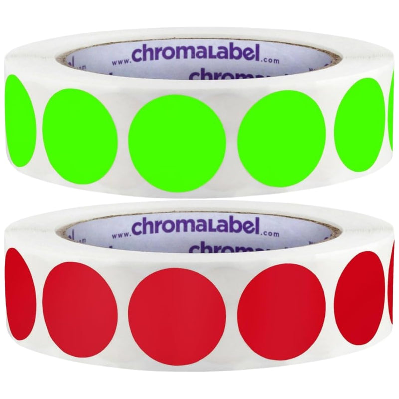 ChromaLabel 1 Inch Fluorescent Green and Red Round Dots, Easy to Write on Matte Finish,1000 Dot Stickers per Roll, Fluorescent Green and Red 1" 2 Colors - Fluoresc Green, Red