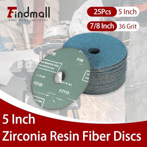 findmall Abrasives 25Pcs Fiber Disc 5 Inch Zirconia Resin Fiber Grinding and Sanding Discs 7/8 Inch Center Hole 36 Grit 5 Inch x 7/8 Inch 36 Grits