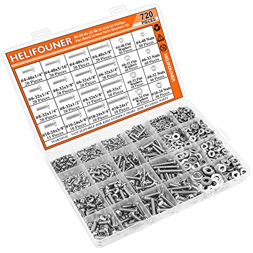 HELIFOUNER 720 Pieces #4-40#6-32#8-32#10-24 Phillips Pan Head Machine Screws Nuts Washers Assortment Kit, Coarse Thread, Fully Machine Threaded, 304 Stainless Steel #4-40 #6-32 #8-32 #10-24