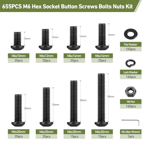 655PCS M6 Bolt Assortment Kit, M6 x 10/12/14/16/20/25/30/35mm Button Head Hex Socket Cap Screws Nuts Bolts Washer Assortment Kit 10.9 Grade Alloy Steel Black Oxide M6 655PCS Button Black