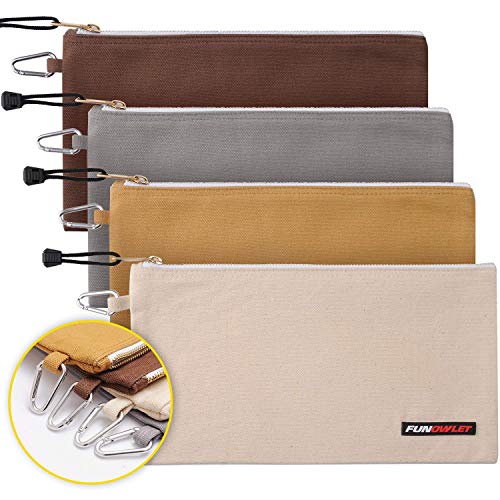8 Pack Utility Canvas Zipper Tool Bag - Heavy Duty Tools Pouch with Carabiner, Multi-Purpose Storage Organizer Clip on Tote Bags Olive, Orange, Blue, Yellow, White, Gray, Tan, Brown