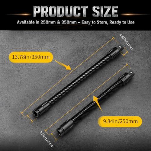 jintion 1/2 Flexible Shaft Extension Socket Wrench Extender for Electric Ratchet Impact Tools Tight Spots Bendable Rotary Rod with L Type Steel Spring for Tight Spaces Automotive Repair (2pcs) 250mm + 350mm | 2pcs