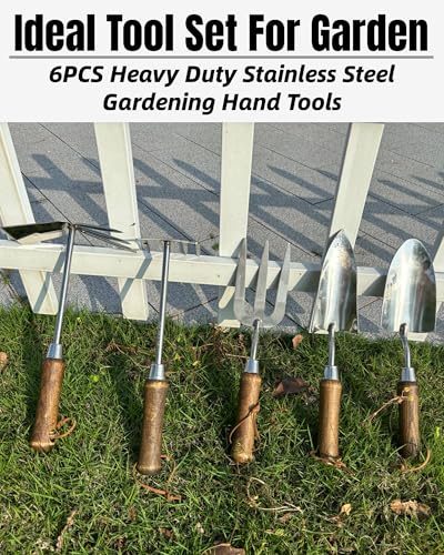 Garden Tool Set, 6PCS Heavy Duty Stainless Steel Gardening Hand Tools with Ropes, Includes Hand Cultivator Shovel Trowel Transplanter 2-in-1 Hoe Pruner, Ideal Gardening Gifts for Women Men (Classic) Classic 6-Piece Heavy Duty Garden Tool Set