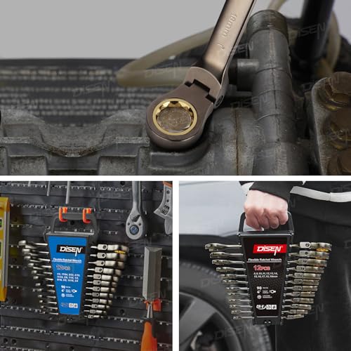 DISEN 12 Pcs Flex Head Ratcheting Wrench Set 90 Teeth, Metric Combination Ratchet Wrenches Set 8-19MM, Nickel Plating Cr-VSteel with Organizer Rack 12pc MM Flex