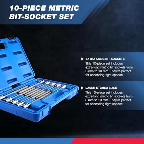 Neiko 10077A 3/8” Drive Metric Extra Long Allen Hex Bit Socket Set | 10 Pieces | Sizes 3mm – 10mm | Shaft Length 6” | Premium S2 Steel Bits | Heavy Duty Cr-V Sockets | Exceeds ANSI Standards 10 Piece