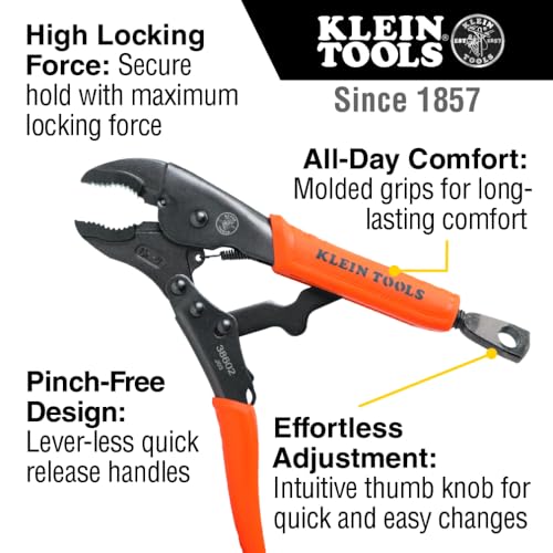 Klein Tools 38660 Locking Pliers Set, 7-Inch and 10-Inch Curved Jaw Pliers, Quick Release Handles, High Torque and Gripping Power, 2-Piece 7-Inch, 10-Inch Set