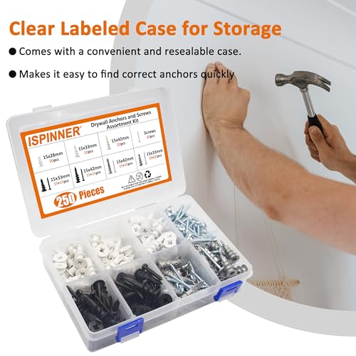 ISPINNER 250pcs Drywall Anchors and Screws Assortment Kit, Nylon and Zinc Self Drilling Wall Anchor for Sheetrock Gypsum - No Pilot Hole Required