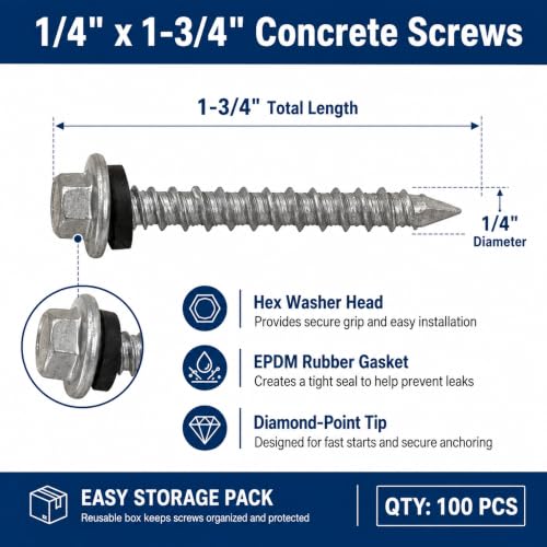 Fumete 100 Pack 1/4" x 1-3/4"Stainless Steel Hex Head Concrete Screws