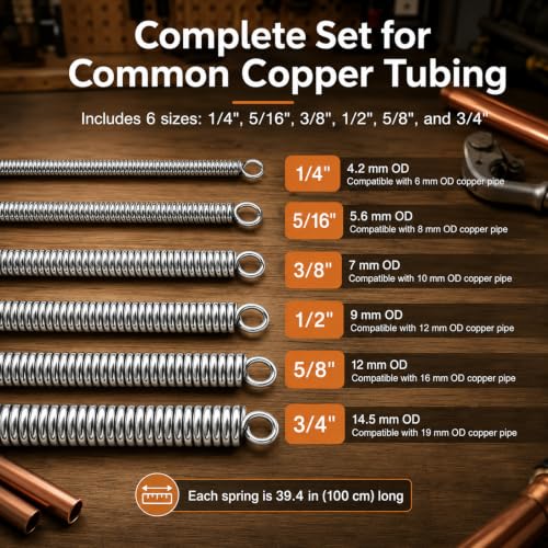Copper Tubing Bender Set, 6 Internal Bending Springs, 43 in, 1/4-3/4 in OD