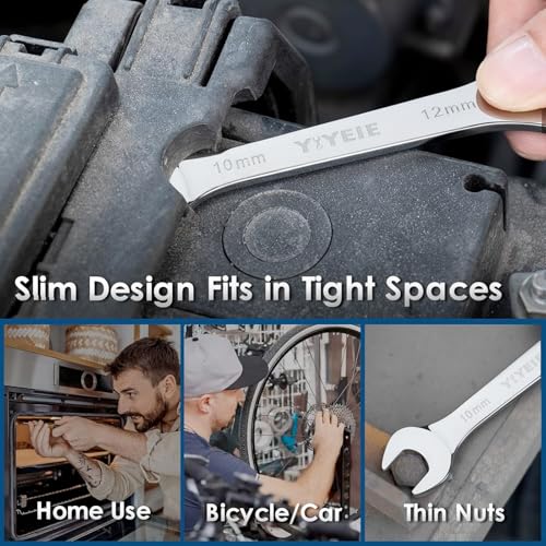 YIYEIE 18Pcs Super-Thin Wrench Set, 3mm Ultra-Slim Open End Wrenches Metric & SAE 18PCS Thin Wrench Set Silver