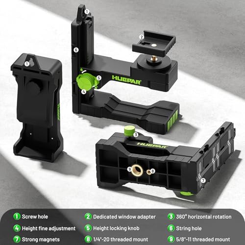 Huepar Fine-tuning Bracket Laser Level Mount, Multifunctional Magnetic Pivoting Base with Adjustable Spring Clip, 360° Rotation-alternative to a standard 1/4" and 5/8" thread & Height Adjustment-PV16+