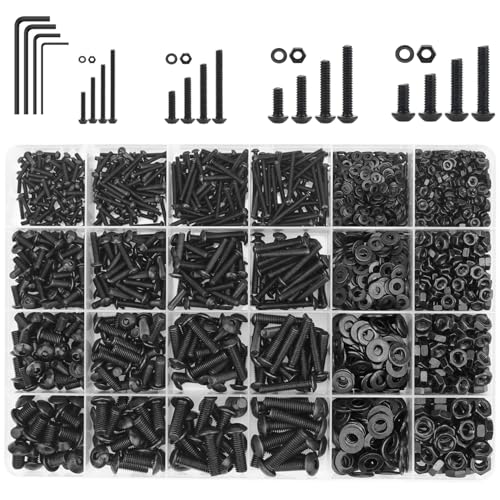 1285 Pieces M2 M3 M4 M5 Screws Nuts Washers Assortment Kit, Metric Screw Set, Bolts and Nuts, Machine Screws, Fully Machine Thread (Black, Button Head Socket Cap Screws Kit,) Black Button Head Socket Cap Screws Kit,