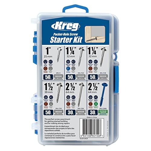 Kreg Pocket-Hole Screw Starter Kit, SK04, 6 Popular Sizes, 260 Screws