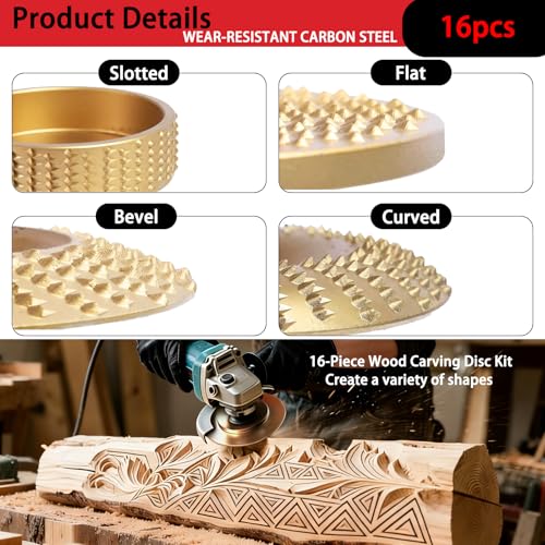 16-Piece Wood Carving Disc Kit for 4 in 4.5 in Angle Grinder, Woodworking Grinding Wheels Kit with 7/8"-5/8" Arbor for Quick Rough Cutting Shaping Sanding Polishing