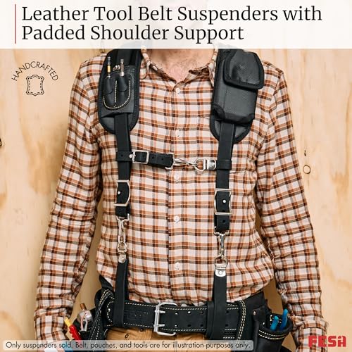 FESA Leather Tool Belt Suspenders for Men with Breathable Mesh Padding, Front Pockets & 4 Loops for Attachment to Work Belts Black