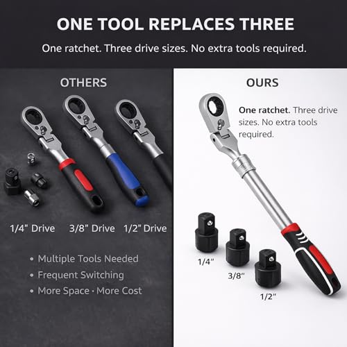 Extendable Ratchet Wrench Set with 1/4", 3/8", and 1/2" Drive Adapters, 72-Tooth Fine Ratcheting, 180° Flex-Head for Tight Spaces