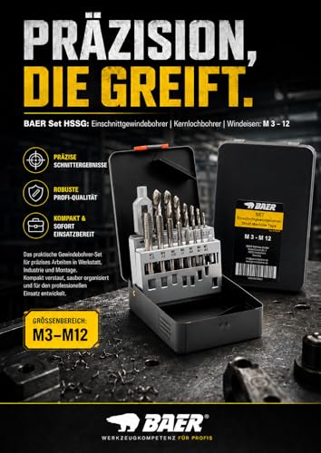 BAER Thread Cutter Set M3-M12 HSS-G | 15 Pieces for Internal and External Thread | Thread cutting set for steel and cast steel up to 800 N/mm², tap and core hole drill + tap wrench, in metal case