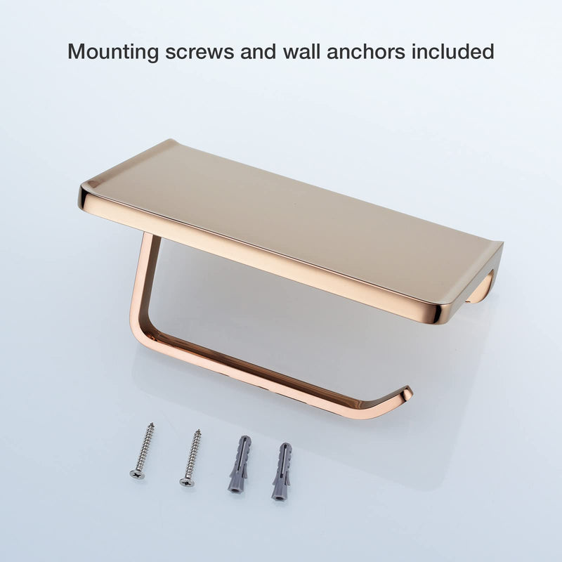 TRUSTMI Toilet Paper Holder with Phone Shelf, Bathroom Accessories Tissue Roll Dispenser Storage Wall Mounted, Plated Rose Gold 7.1" x 4.3"