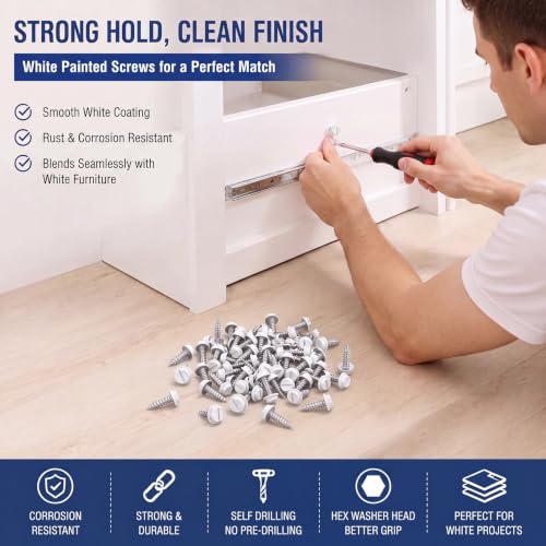 Shimeyao 1000 Pack #8 x 1/2" White Painted Self Drilling Screws, Hex Washer Head Self-Tapping Sheet Metal Screws, Corrosion Resistant Fasteners for Roofing, Siding, HVAC and Construction
