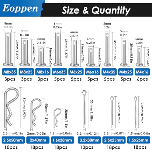 132Pcs Clevis Pin Cotter Pin Hair Pin Assortment Kit - 304 Stainless Steel 15 Sizes Cotter Pin & R Clips Pin Zinc-Plated Single Hole Flat Head Clevis Pins