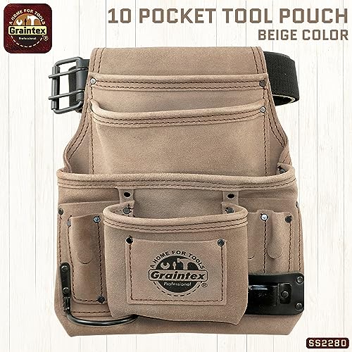 Graintex SS2280 10 Pocket Nail & Tool Pouch Beige Color Suede Leather with 2” Leather/Webbing Belt for Constructors, Electricians, Plumbers, Handymen, Standard