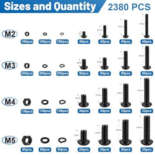2380PCS Metric Hex Socket Button Head Screws Assortment Kit M2M3M4M5 G10.9 M2M3M4M5 2380PCS