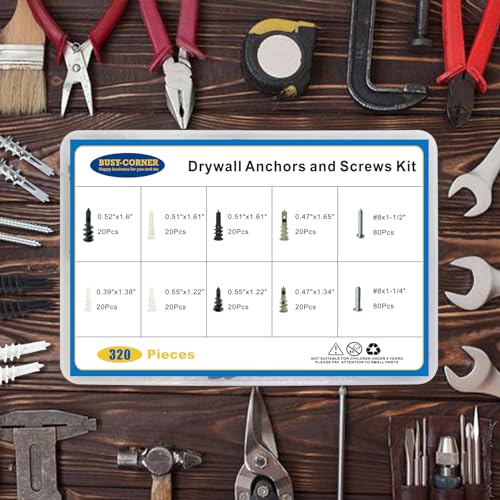 Drywall Anchors and Screws Kit, 320 PCS Self Drilling Wall Anchors and Screws for Drywall,Sheetrock,Hollow Door,Plaster Wall - Zinc Metal & Nylon Plastic Assortment, No Pilot Hole Required