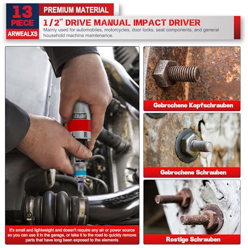 13 Piece 1/2" Drive Manual Impact Driver, Reversible Hand Impact Screwdriver Set with Slotted, Hex, Phillips Bit Kit, for Tighten and Rusted Fasteners or Frozen Bolts, with Storage Case 1/2"