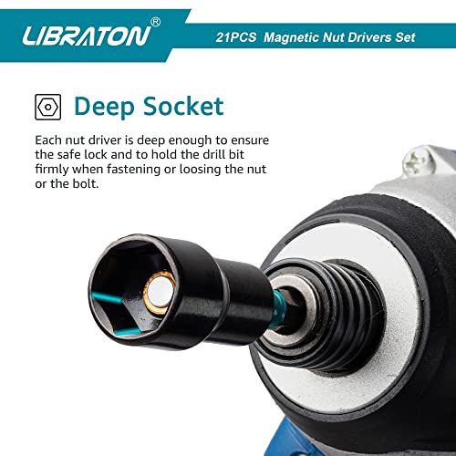 LIBRATON 21PCS Magnetic Nut Driver Set, Impact Drill Driver Bit Set 1/4"