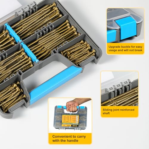 340Pcs Multi-Purpose Wood Deck Screw Kit,#8#9 Bugle Head for Interior and Exterior Use,Star Drive Torx Golden Coated with T15/T25 Bit #8#9 Kit Gold 340