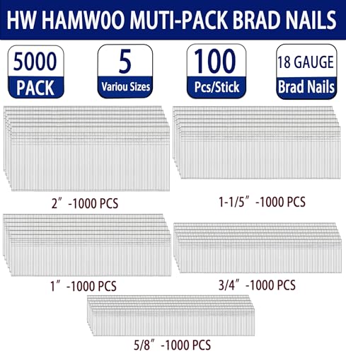 HW HAMWOO 18 Gauge Brad Nails, 2", 1-1/5", 1", 3/4", 5/8",5000pcs 5 Sizes（2",1-1/5",1",3/4",5/8")