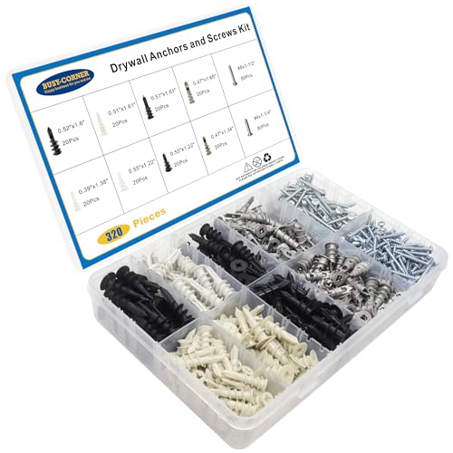 Drywall Anchors and Screws Kit, 320 PCS Self Drilling Wall Anchors and Screws for Drywall,Sheetrock,Hollow Door,Plaster Wall - Zinc Metal & Nylon Plastic Assortment, No Pilot Hole Required