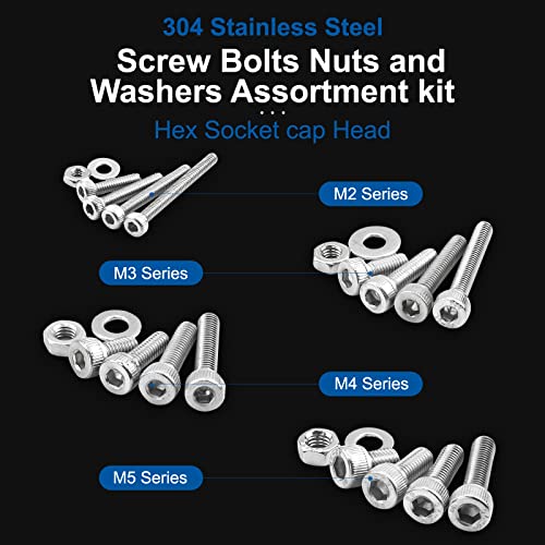 NINDEJIN M2 M3 M4 M5 Machine Screws Assortment Kit, Hex Socket Head Cap Screws Bolts, Nuts, Washers & Wrench (580pcs Stainless Steel+1060pcs Carbon Steel)