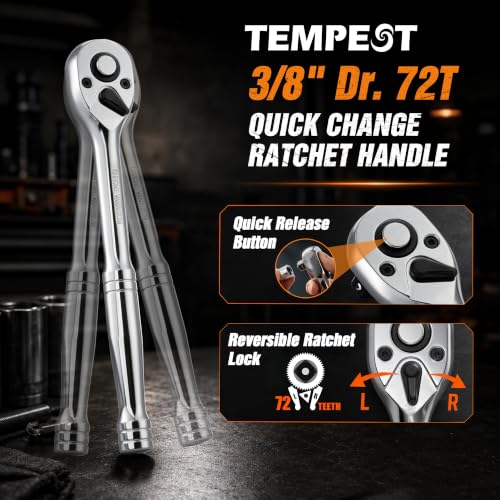 TEMPEST 40 Pieces Drive Socket Set 1/4" & 3/8" Drive, SAE and Metric CR-V Sockets, Quick-Release Ratchet Handle, Extension Bar & Adapter with Storage Case, for Automotive Repair & Home DIY