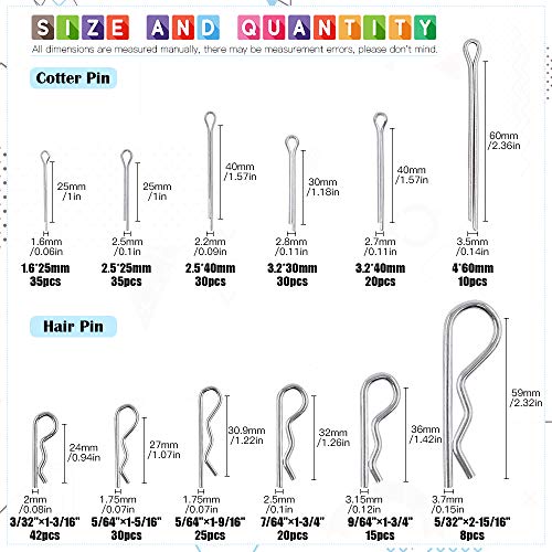 Glarks 340Pcs 6 Sizes 304 Stainless Steel Cotter Pin Assortment Kit +300Pcs 12 Size Zinc Plated Steel Cotter Pin and Hair Pin Assortment Kit
