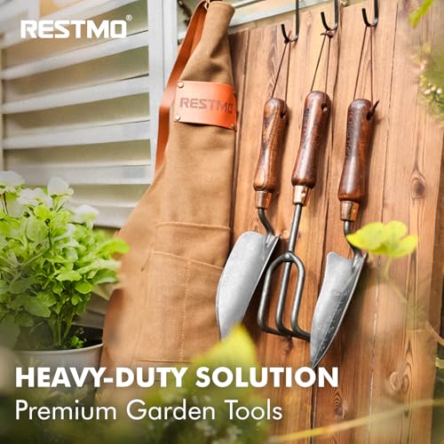 RESTMO Gardening Tools Bundle: Heavy Duty Gardening Tools Kit & Triangle Garden Hoe, Premium Carbon Steel Garden Hand Tools with Ergonomic Wooden Handle