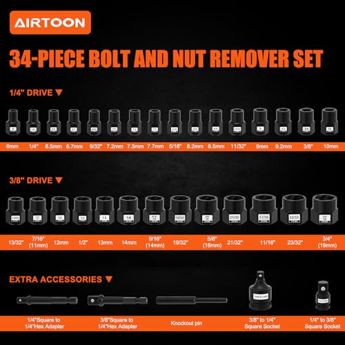 34PCS Impact Bolt Extractor Kit, Bolt & Nut Remover Socket Tool Kit, 6mm to 10mm, 13/32" to 3/4", CR-MO, Stripped Bolt Extractor for Damaged Screws and Bolts