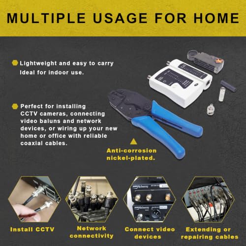 Coax cable crimper kit,BNC Crimping tool for RG58, RG59, RG62,10PCS RG58&RG59 BNC Male Crimp Connectors,10PCS BNC Female to Female Connectors,Cable Stripper, Heat Shrink Tube Coaxial Tester