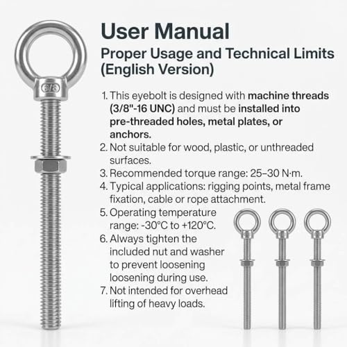 QWORK 3/8"x6" Stainless Steel Shoulder Eye Bolts – 10 Pack Machine Thread Set with Nuts for Metal Frame, Rigging & Cable Mounting 3/8" x 6"