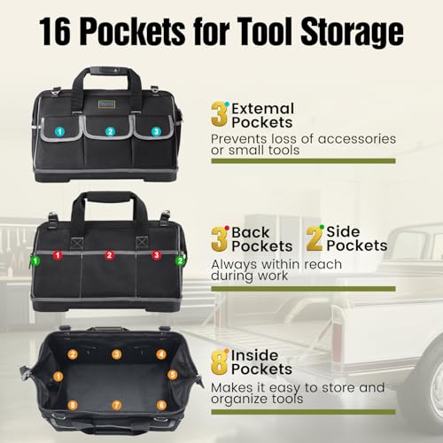 18 Inch Heavy Duty Tool Bag, 16-Pocket Tool Box Organizer, Black 18 Inch