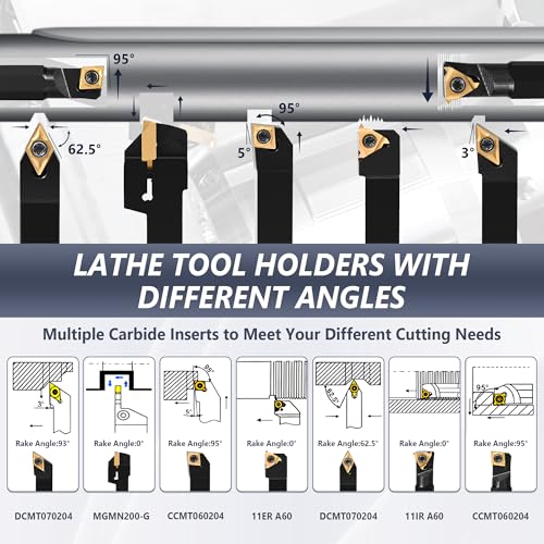 21PCS Indexable Lathe Turning Tools Set 3/8"10mm Shanks,7Pcs Metal Turning Tool Holders & 14Pcs Carbide Inserts for Turning,Grooving,Threading,Boring bar,and Cutting Tool 7pcs 3/8"10mm Shanks+14pcs Inserts