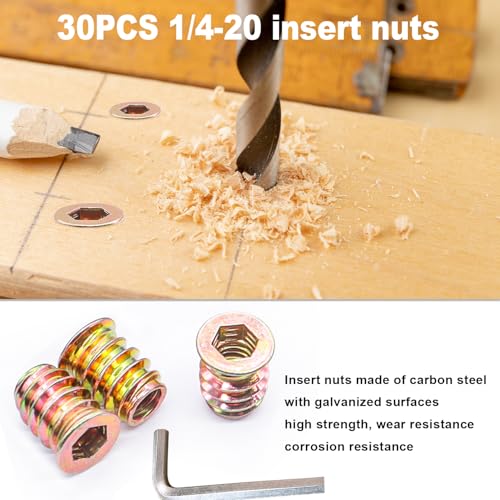 Taiss 30 Sets 1/4"-20 Threaded Inserts for Wood Furniture Screw Assortment+40PCS 1/4"-20 Threaded Inserts for Wood