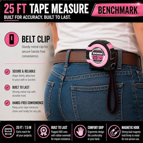 Benchmark - Pink - 3 Pack - 25 ft Tape Measures - Easy to Read Fractions to 1/8th inch - Magnetic Tip - Thumb and Quick Lock - Autowind - Belt Clip