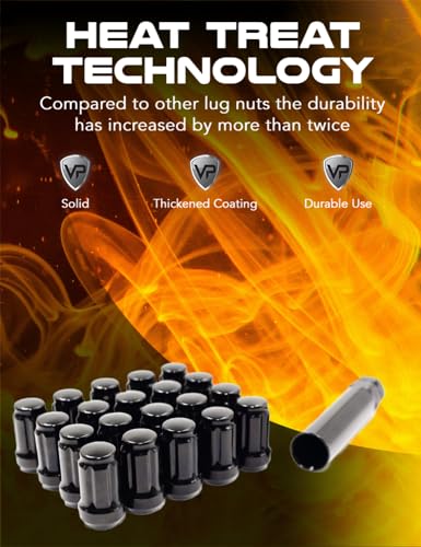 Set of 20 Veritek 1/2x20mm Black 1.4" 35.5mm Spline Drive Conical Seat Tuner Lug Nuts with 19mm 21mm Key for Dodge Ford Jeep Aftermarket Custom Wheels